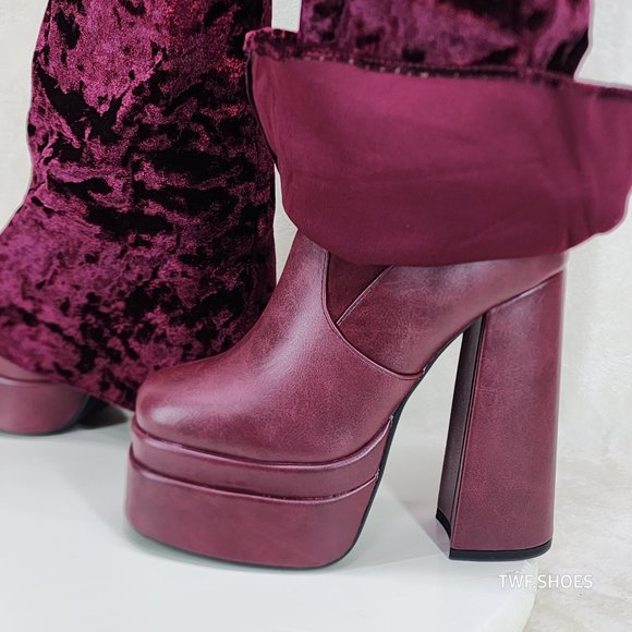 Good Will Unique Thigh High Wine Red Velvet Fold over Chunky Heel Platform Boots - Picture 7 of 10
